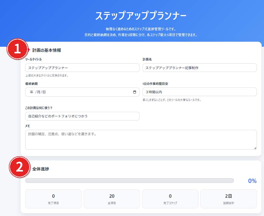 ステップアッププランナーの計画の基本情報と全体進捗の画面
