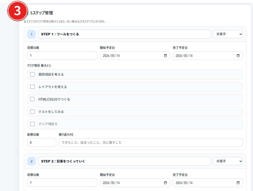 ステップアッププランナーの5ステップ管理画面